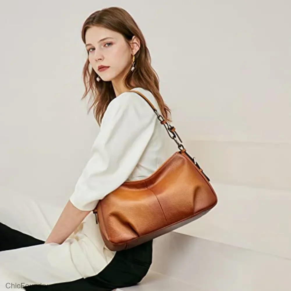 Genuine Leather Hobo Shoulder Bag with Adjustable Strap, Top Handle